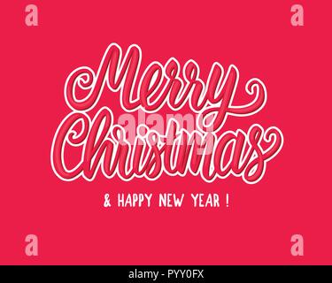 Merry Christmas white hand drawn lettering text inscription sticker. Vector illustration isolated on red background. Holiday Greeting Design Card Stock Vector