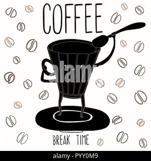 coffee mug with coffee and space flies on a flying saucer with a spoon on the white background Stock Vector
