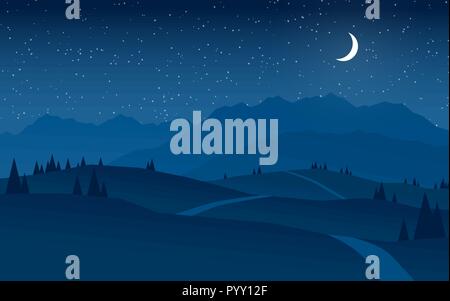 mountains and hills landscape at night flat design panorama Stock ...