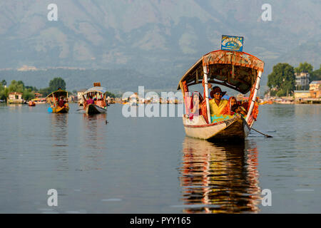 Shikaras are the common transport for people and goods on Dal Lake. Houseboats for rent and more shikaras are seen in the background Stock Photo