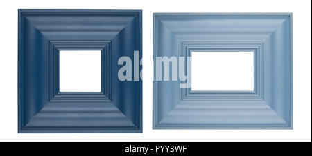 front view detail set of two thick square picture frames in blue color isolated on white background Stock Photo