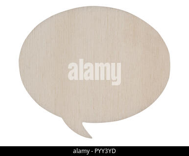 top view closeup of light colored empty wooden speech bubble isolated on white background Stock Photo