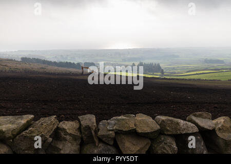 A digger seen in a ploughed field looking over a dry stone wall. Mournes Countryside, Northern Ireland. Stock Photo