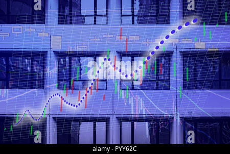 Stock market chart shown in financial building, business background. (blue bull chart) Stock Photo