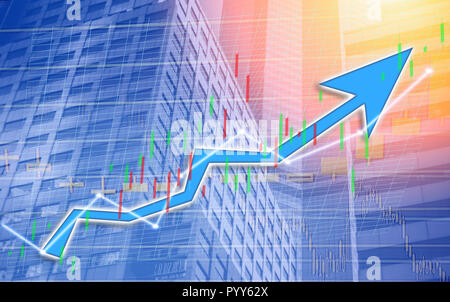 Stock market chart shown in financial building, business background. (blue bull chart) Stock Photo