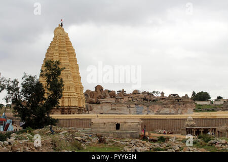 The prominent Virupaksha Temple (still in use) of Hampi. Taken in India, August 2018. Stock Photo