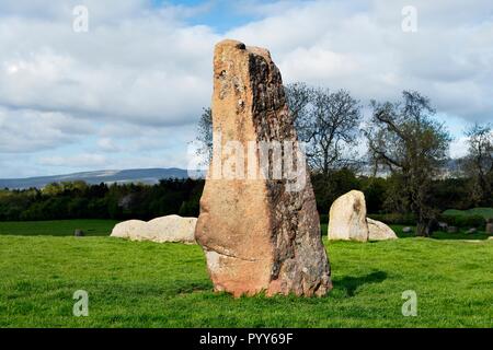 Prehistoric Neolithic standing stone circle Long Meg and Her Daughters near Penrith, Cumbria, England UK. Long Meg in foreground Stock Photo