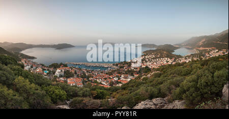 Kas town panoromic view in Turkey. Kas is small freediving, diving, yachting and tourist town in district of Antalya Province, Turkey. Stock Photo