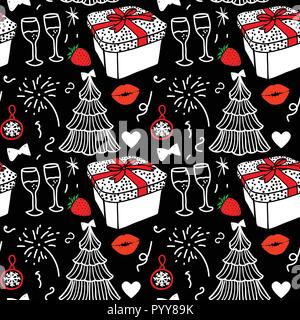 Seamless pattern. Merry Christmas and Happy new year fashion sketch celebration gift box, tree and fireworks. Hand drawn Vector illustration isolated on black background. Stock Vector