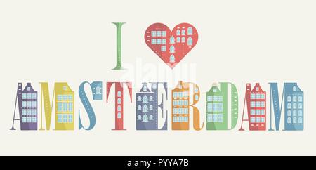 Vector image I love Amsterdam from letters and town houses. Stock Vector