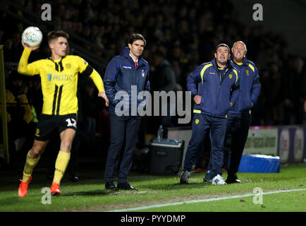 Burton Albion manager Nigel Clough (right) and Nottingham Forest manager Aitor Karanka on the touchline during the Carabao Cup, Fourth Round match at the Pirelli Stadium, Burton. Stock Photo