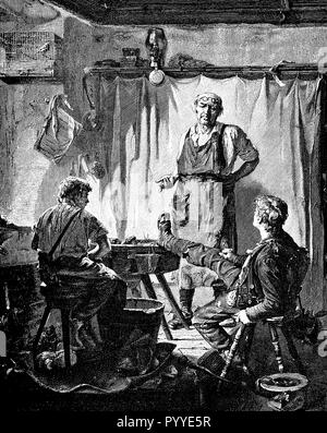 Humor vignette, the shoemaker tells the boy that he cannot repair his shoes, they are beyond hope, old print Stock Photo