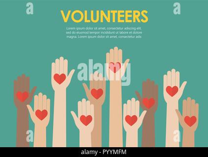 Raised hands volunteers concept. Vector illustration Stock Vector