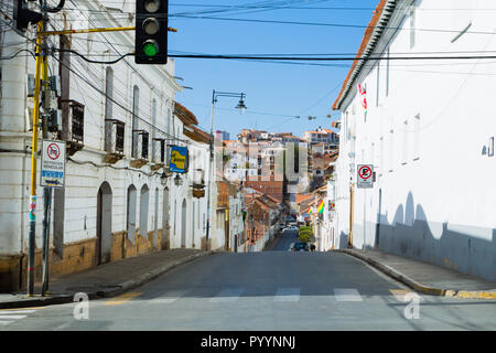 Street view from Sucre, Bolivia. Bolivian town Stock Photo