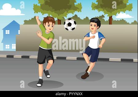 A vector illustration of Kids Playing Soccer on The Street Stock Vector