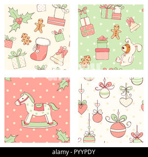 Set of seamless patterns with cute Christmas toys in retro style. Bear in rabbit costume, rocking horse, bell, stack of gifts, Santa's hat, balls with Stock Photo