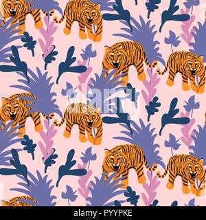 Vector seamless pattern with tigers in the jungle. Tropical pink and purple background for fabric and wallpaper prints. Stock Vector