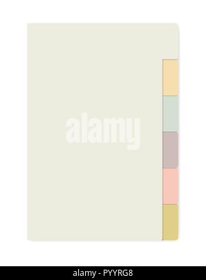 Colored sheets with tab dividers notebook, realistic vector mockup. Notepad with variegated side bookmarks template. Self stick memo pads block, mock  Stock Vector