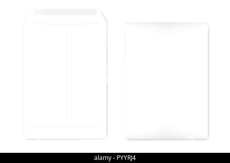 A4 catalog envelope with self adhesive seal, mock up. Empty document case isolated on white background, vector template Stock Vector