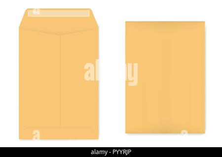 A4 catalog envelope with self adhesive seal, mockup. Empty kraft document case isolated on white background, vector template Stock Vector