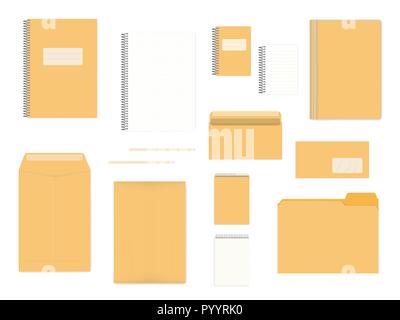 Blank office stationery isolated on white background, mock up set. A4, A6, DL sizes. Corporate identity products template Stock Vector