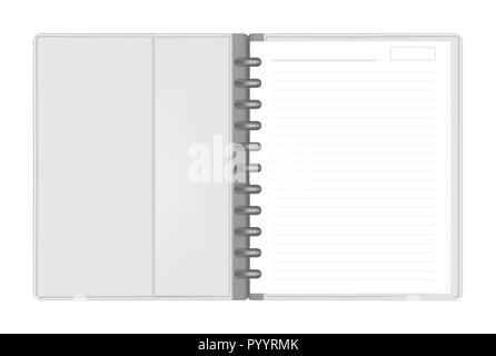 Open discbound letter size note book with interior pocket top view, vector mock up. Gray leather disc bound journal spread, template. Loose leaf busin Stock Vector