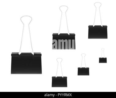 Clamp for paper, realistic vector illustration. Various sizes set. Black metal binder clips isolated on white background Stock Vector