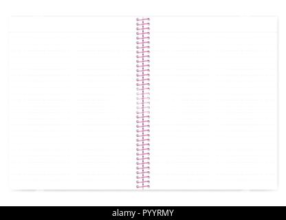 Open lined wire bound notebook with pink spiral, vector mock up. Loose leaf notepad spread isolated on white background, template Stock Vector