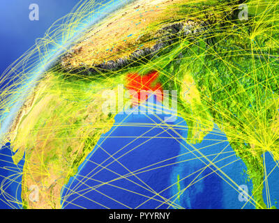 Bangladesh on model of planet Earth with international networks. Concept of digital communication and technology. 3D illustration. Elements of this im Stock Photo