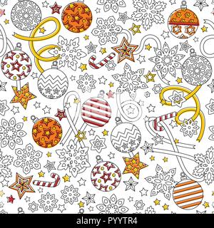 New year hand drawn outline festive seamless pattern with snowflakes, christmas balls and stars isolated on white background. Stock Vector