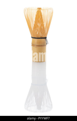 Japanese green matcha tea bamboo whisk isolated on white background with reflection Stock Photo