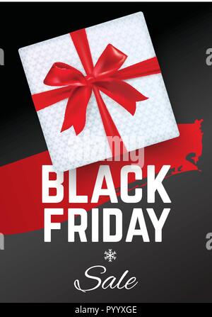 Black friday sale banner. Black Friday. White gift with red realistic bow on the black background. Red blot. Stock Vector
