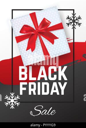 Black friday sale banner. Black Friday. White gift with red realistic bow on the white black background. Red blot. Stock Vector