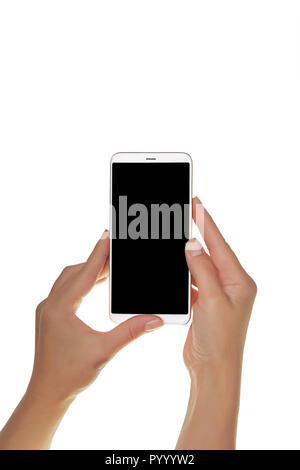 Mock-up of modern smartphone in the hands of a girl. Phone in vertical position with a blank screen and isolated on white Stock Photo