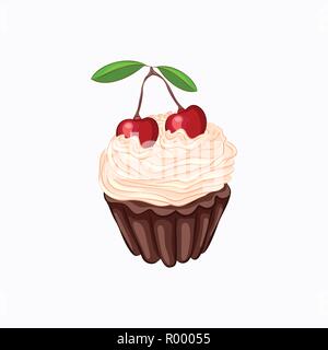 Cartoon style chocolate cupcake with whipped cream and cherry vector icon isolated on the white background Stock Vector