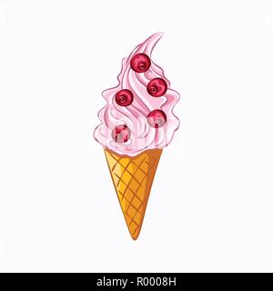 Cartoon style pink ice cream and red berry vector icon isolated on the white background Stock Vector