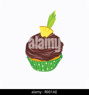 Cartoon style cupcake with whipped chocolate cream ganache and pineapple in the green paper holder vector icon isolated on the white background Stock Vector