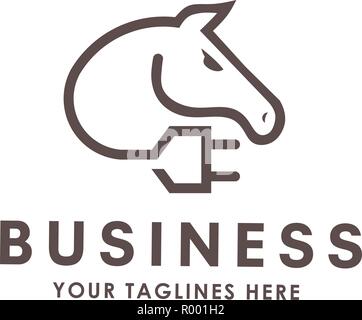modern simple line logo of a horse and power plugs logo concept,Horse head profile design, animal graphic logo template. Horse head silhouette outline Stock Vector