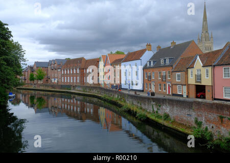 Quay Side, Norwich, with the spire of Norwich Cathedral in the background Stock Photo