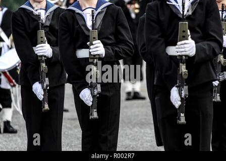 Royal Navy Display Guard with rifles on parade with prince andrew Stock Photo