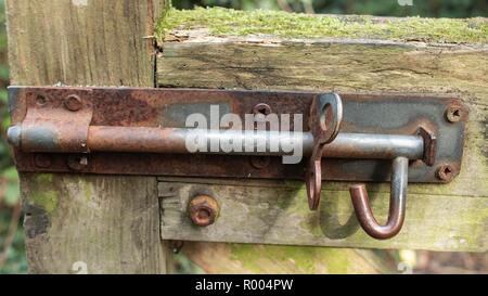 A Rusty door bolt on wooden door Stock Photo