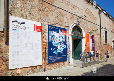 VENICE, ITALY - AUGUST 15, 2017: Biennale arte, art biennial exhibition entrance witn people in a sunny day in Venice Stock Photo