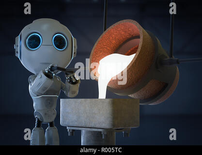 Automatic industry concept with 3d rendering mini robot with molten metal pouring into mould Stock Photo
