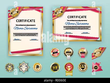 White modern certificates with abstract red ribbon and set of emblems. Horizontal and vertical template with grey realistic frame and different emblems. Luxury premium badges Stock Vector