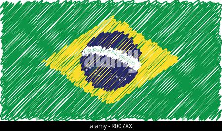 Hand Drawn National Flag Of Brasil Isolated On A White Background. Vector Sketch Style Illustration. Stock Vector