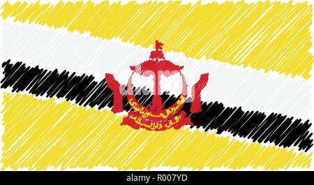 Hand Drawn National Flag Of Brunei Isolated On A White Background. Vector Sketch Style Illustration. Stock Vector