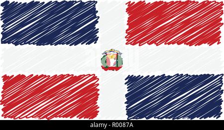 Hand Drawn National Flag Of Dominican Republic Isolated On A White Background. Vector Sketch Style Illustration. Stock Vector