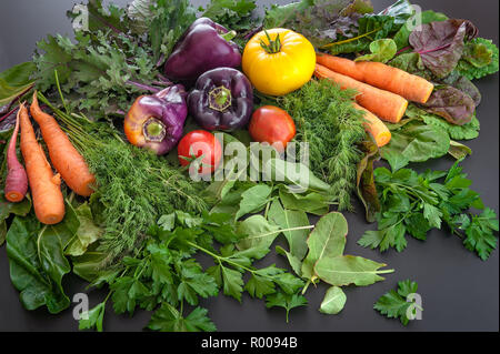 A pile of fresh produce including carrots, peppers, tomatoes, dill, parsley and sorrel. Stock Photo