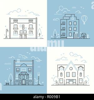 Urban architecture - set of thin line design style vector illustrations Stock Vector