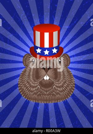 Groundhog Day. Concept National holiday in USA. Groundhog Head in Top Hat. Symbolic flag of USA - red stripes, white stars on blue background. Blue background with center rays, grunge texture. Stock Vector